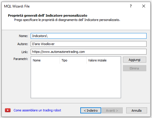 Catfoot Indicatore Meta Trader 5 - Procedura guidata creazione